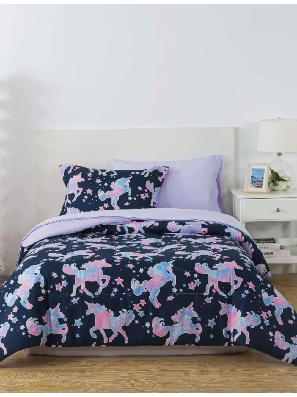 Unicorn Stars Twin Reversible Glow in the Dark Comforter  & Sham Navy & Lavender